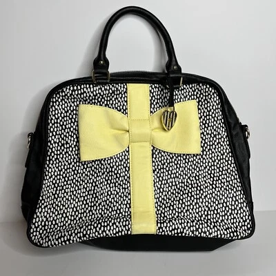 Black White Yellow Bow Betsey Johnson Dot-Print Satchel Bag Whimsical - Image 1 of 4