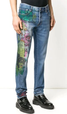 $525 Новые мужские просто Cavalli прямые штанины граффити печать синие джинсы Италии 33 x 34 - Изображение 1 из 3