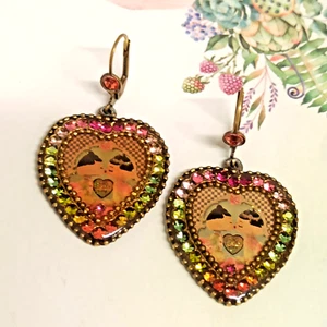 Michal Negrin Earrings Large Heart Retro and Rainbow Swarovski Crystal Love Gift - Picture 1 of 13