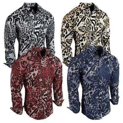 Mens Shirt Designer Floral Animal Prints All Over Stretch Slim Fit Button Up - Image 1 of 4