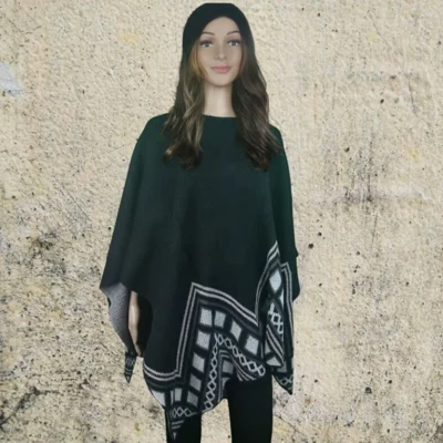 Poncho tejido para mujer CATO negro/gris patrón tribal  Foto 1 de 4