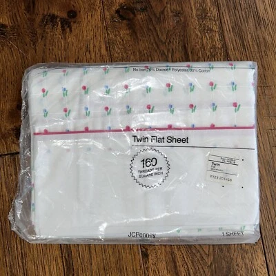 Sábana plana doble vintage JC Penney nueva en paquete "tulipanes" años 70 floral poli algodón, nueva en paquete Foto 1 de 4