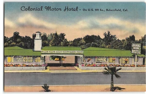 Postal vintage de lino en carretera de Bakersfield, CA de los años 40 Colonial Motor Hotel - Imagen 1 de 2