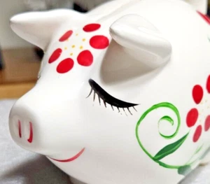 VINTAGE 8 1/2" LONG 6" HIGH PIG PIGGY BANK CERAMIC HAND PAINTED FLOWERS - Picture 1 of 10
