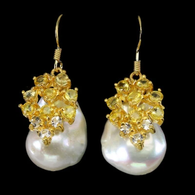 Pendientes de plata de ley 925 redondos zafiro topacio perlas piedras preciosas joyería Foto 1 de 4