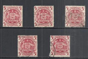 AUSTRALIA SCOTT 218 USED x 5 - 1949 5sh DARK RED ISSUE - COAT OF ARMS - Picture 1 of 2
