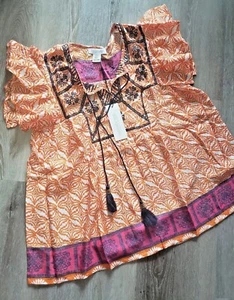 RACHEL ZOE sz S flutter sleeve split neck tassel orange peasant embroidered top - Picture 1 of 5