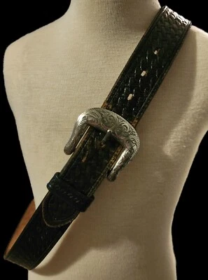 Cinto de couro vintage 1994 Tony Lama com fivela banhada a prata (FEITO NOS EUA) - Imagem 1 de 4