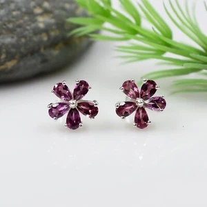 Rhodolite Garnet Flower Studs, 925 Sterling Silver, Minimalist Studs For Her - Picture 1 of 2