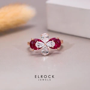 14k Rose Gold Pear Shaped Ruby Engagement Beautiful Lab Created Diamond Ring - Picture 1 of 10