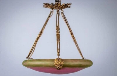 Lámpara de araña firmada por Schneider bronce dorado arte vidrio francés Art Deco excelente Foto 1 de 4