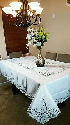 Embroidered Cutwork Peacock Embroidery Tablecloth Napkin 72x126" Elegant Linen - Image 1 of 4