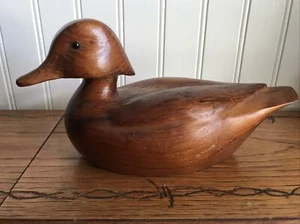 Vintage Wooden Duck Decoy sculpture Miniature Hand Carved Glass Eyes 9x4 - Picture 1 of 7