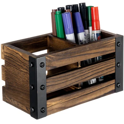 Magnetic Brown Wood and Black Metal Pencil Holder, Office Stationery Organizer - Image 1 of 4