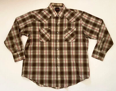 Camisa a Presión Plains Western Wear Vintage Marrón a Cuadros Vaquero Rodeo Perla Para Hombre XL Foto 1 de 4