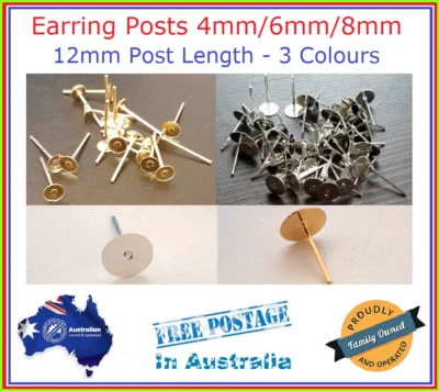 10 - 400 Earring Posts 4mm/6mm/8mm Pad SIZE 12mm Length No Backs - image 1 of 4