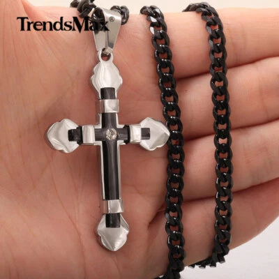 Ожерелье с крестом 18–26 дюймов из нержавеющей стали кулон для мужчин религиозное черное серебро - Изображение 1 из 4