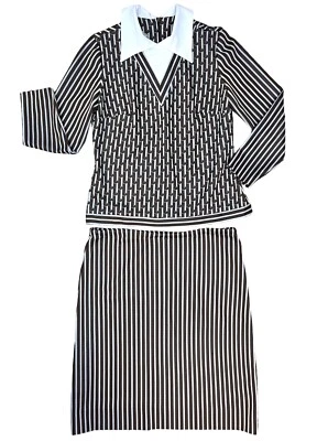 LESLIE FAY 1960s Mod Long Sleeve Top Skirt Set Brown White Striped Vintage - Image 1 of 4