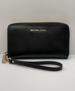Michael Kors Textured Leather Jet Set Wallet Classic Black With Golden Hardware - Picture 1 of 15
