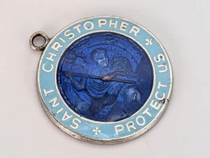 Ciondolo medaglia guilloché smalto blu San Cristoforo argento sterling 1in 925 - Foto 1 di 2