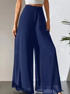 Palazzohose Damen dunkelblau Chiffon elastischer Bund weites Bein Größe L - Bild 1 von 4