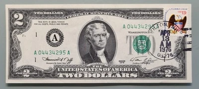 1976 Two Dollar Federal Reserve Note $2 with Stamp - First Day of Issue #96382 - Image 1 of 2