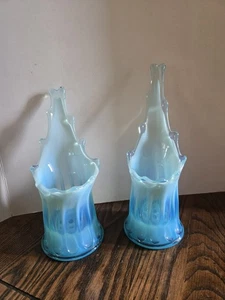 Vintage Paar Fostoria Glas Erbstück blau opalisierend Kerzenständer - Bild 1 von 12