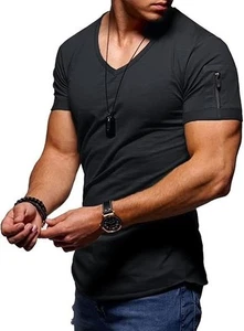 Men's Muscle T-Shirt Short-Sleeve V-Neck Summer Activewear Gym Tees Black M - Picture 1 of 3