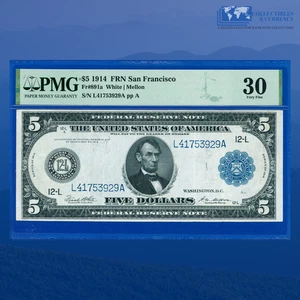 Fr.891a 1914 $5 Five Dollars Federal Reserve Note San Fran, PMG VF 30 #53929 - Picture 1 of 3