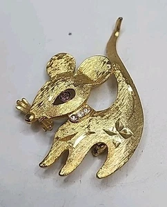 Vintage Mamselle 60er Jahre goldfarbene Maus mit Strass Kragen Brosche 1,5" - Bild 1 von 3