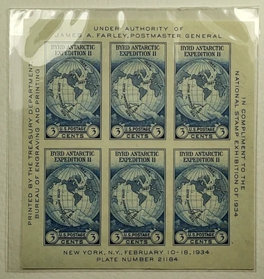 Hoja de recuerdo Farley 1934 contraalmirante Byrd II expedición antártica 3c SC #735 Foto 1 de 2