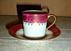 Porzellan Teetasse & Untertasse Set von Limoges France Burgund & Goldrand ### - Bild 1 von 5