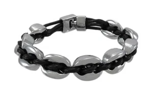 Zeckos Black Leather And Chrome Marine Link Bracelet 7 Inch - Picture 1 of 3