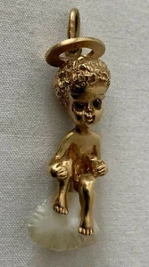 Vintage Ruser 14k Gold Engel Cherub Saphir Augen Perle Wolke Anhänger 11,43 Gramm - Bild 1 von 8