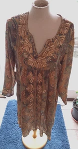 UmikaS Green and Gold Patterned Silk Tunic Top Size 40 - Picture 1 of 4