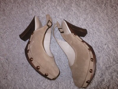 High Heels Holz Leder  Clogs Sabot Pantolette Mules Nieten Zoccoli Beige Gr.39 - Bild 1 von 4