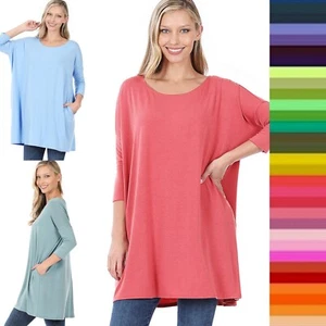 3/4 Sleeve Round Neck Dolman Sleeve Top Side Loose Fit Tunic w/ Side Pockets - Picture 1 of 24