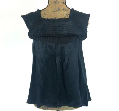 Blusa Jenny Han Top MED Negra 100% Seda Satén Volantes Plisado Cuello Cuadrado Línea A Foto 1 de 4