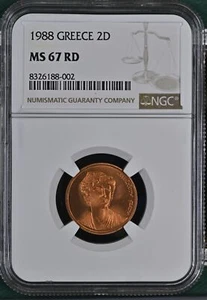 1988 GREECE 2 DRACHMES NGC MS-67 RD - Tied Finest Known None Higher 002 - Picture 1 of 2