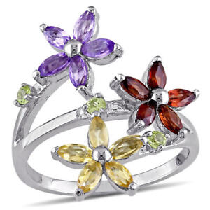 AMOUR Multi Gemstone Floral Ring In Sterling Silver