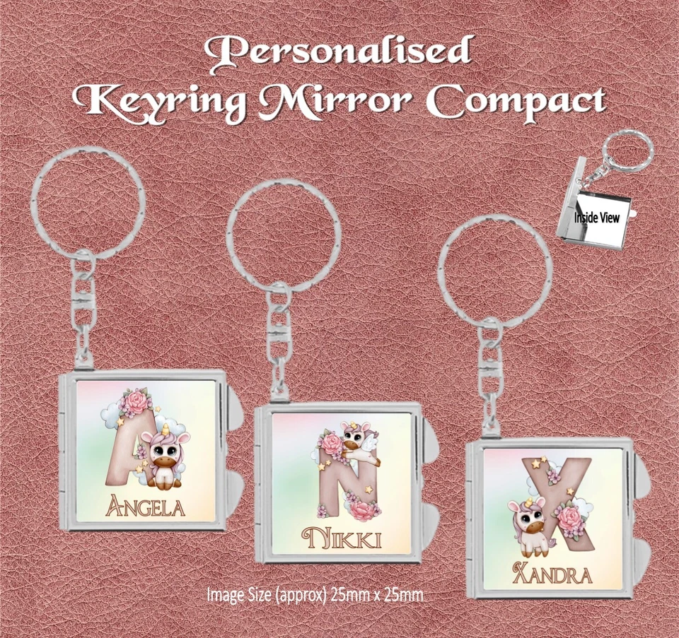 PERSONALISED CUTE UNICORN HANDBAG MIRROR KEYRING - Image 1 of 1