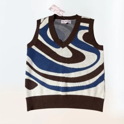 Новый с Ярлыками ивы и ветра V шеи синий + крем + коричневый Swirl вязаный жилет женский размер L - Изображение 1 из 4