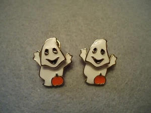 Vintage 2pc Moving Spooky Casper Ghost Pumpkin Halloween Holiday Enamel Earrings - Picture 1 of 5