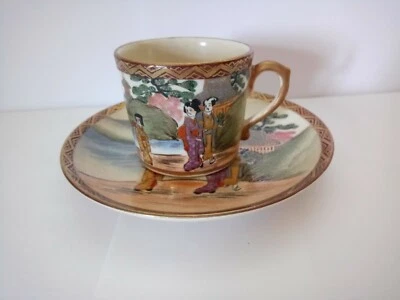 ANTIQUE JAPANESE SATSUMA MEIJI COFFEE CAN & SAUCER 1860/1912 HAND PAINTED VGC - Image 1 of 4