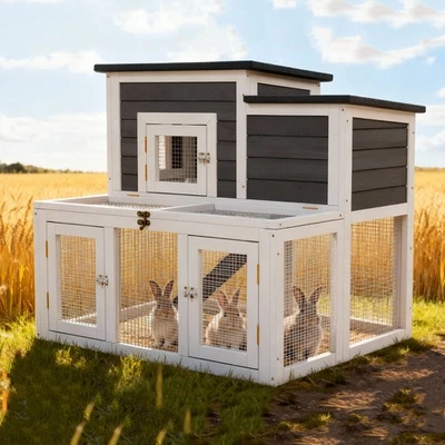 Wooden 2-Tier Rabbit Hutch Chicken Coop with Run - Outdoor Weather Resistant - Image 1 of 4