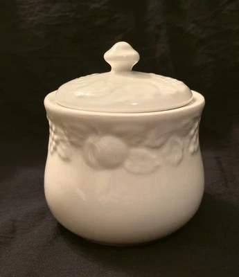 Gibson Stoneware White Embossed Raised Fruit Design Sugar Bowl With Lid - Image 1 of 4