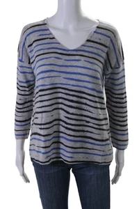 Pure Collection Womens Long Sleeve V Neck Striped Sweater Cashmere Gray 6 - Picture 1 of 5