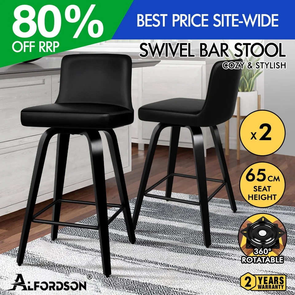 ALFORDSON 2x Swivel Bar Stools Bailey Kitchen Wooden Dining Chair ALL BLACK