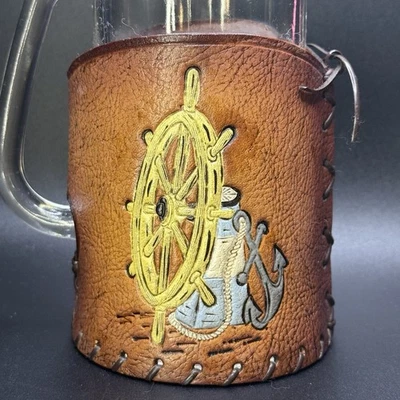 Portavasos de cerveza de cuero con ancla de vidrio rueda de barco náutico océano renacimiento Foto 1 de 4