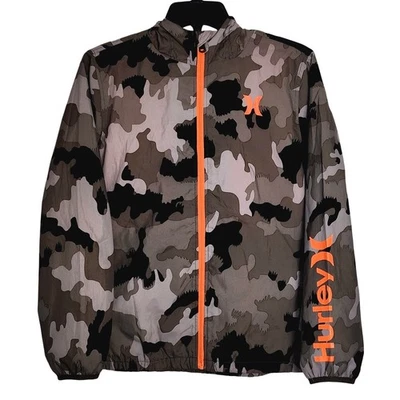 Chaqueta cortavientos ligera con capucha y cremallera completa Hurley para niños grande camuflada naranja Foto 1 de 4